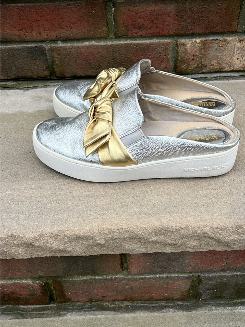 Michael Kors Metallic Silver Slip-On Mules with Gold Knot - Picture 4 of 9